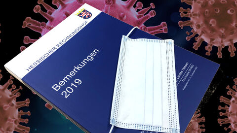 Die Bemerkungen 2019 mit einem Mund-Nasen-Schutz und Viren im Hintergrund