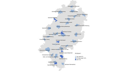 Eigenkapitalquoten der hessischen Sparkassen im Jahr 2016 (EK-Quote II) Hessenkarte über die Eigenkapitalquoten der hessischen Sparkassen im Jahr 2016 (EK-Quote II)